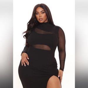 Black midi dress with mesh material and leg slit